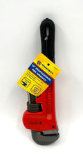 Marksman 10-inch red pipe wrench with black handle and yellow tag