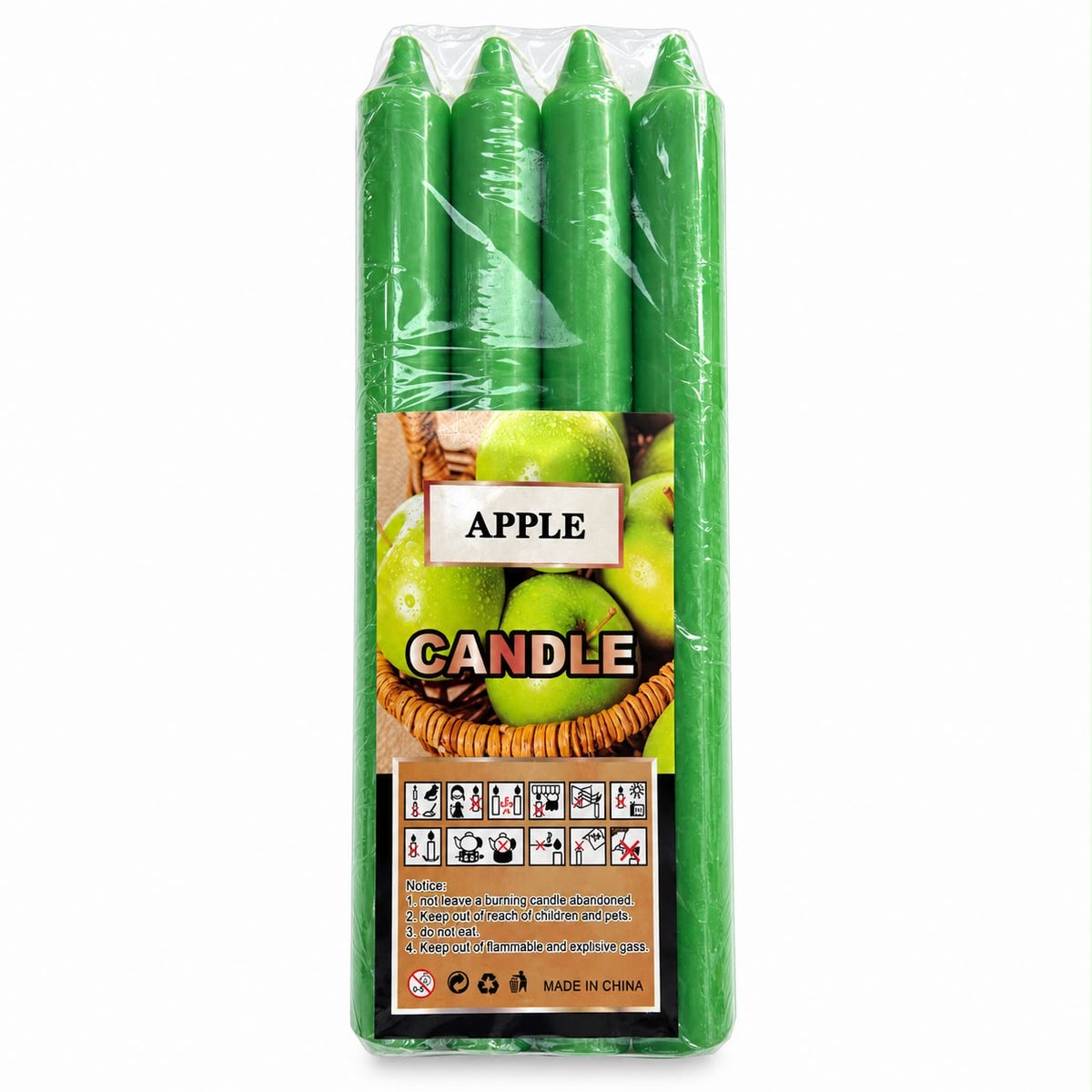 Apple label green taper candles in clear wrapped multipack