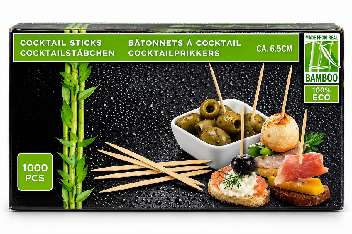 1000 bamboo cocktail sticks 6.5cm in original black green carton for serving canapés finger food and garnishes