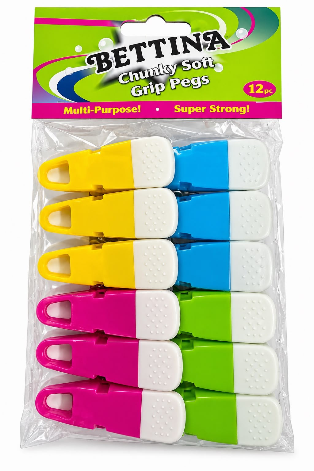 Bettina chunky soft grip clothes pegs pack 12 assorted yellow blue pink and green pegs