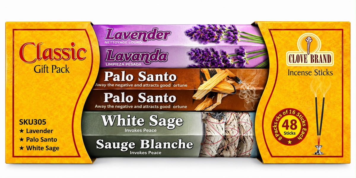 Clove Brand Classic Gift Pack with 48 incense sticks: Lavender, Palo Santo and White Sage, three packs of 16