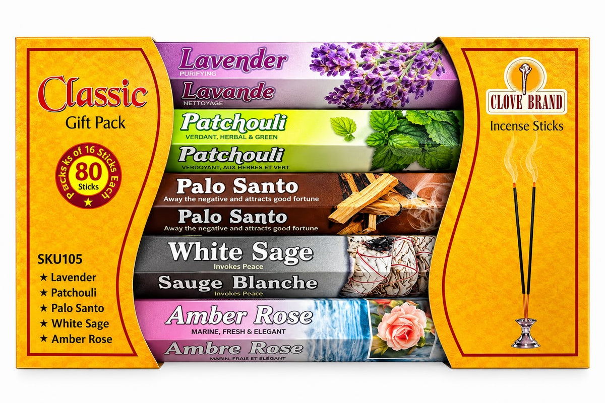 Clove Brand Classic Gift Pack 80 incense sticks with Lavender, Patchouli, Palo Santo, White Sage and Amber Rose