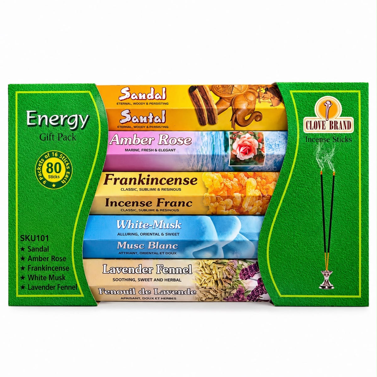 Clove Brand Energy Gift Pack 80 incense sticks with Sandal, Amber Rose, Frankincense, White Musk and Lavender Fennel
