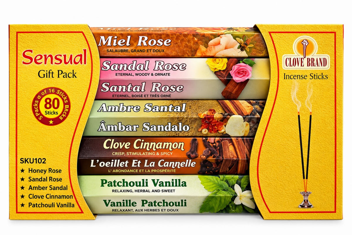 Clove Brand Sensual Gift Pack 80 incense sticks with Honey Rose, Sandal Rose, Amber Sandal, Clove Cinnamon and Patchouli Vanilla