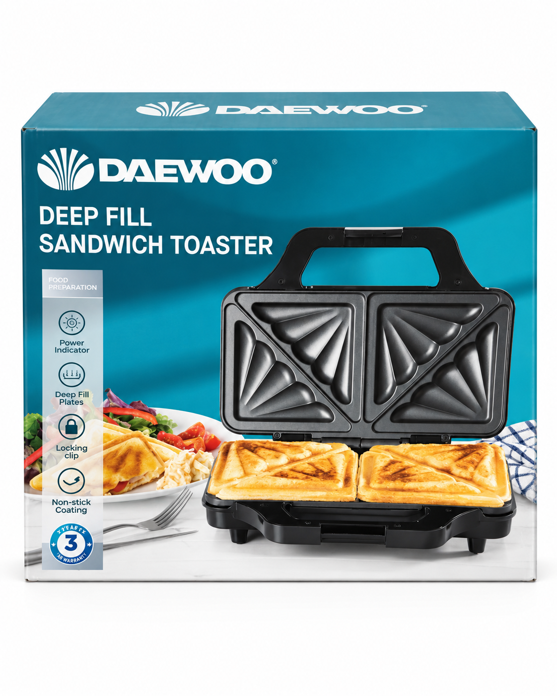 Daewoo Deep Fill Sandwich Toaster boxed product