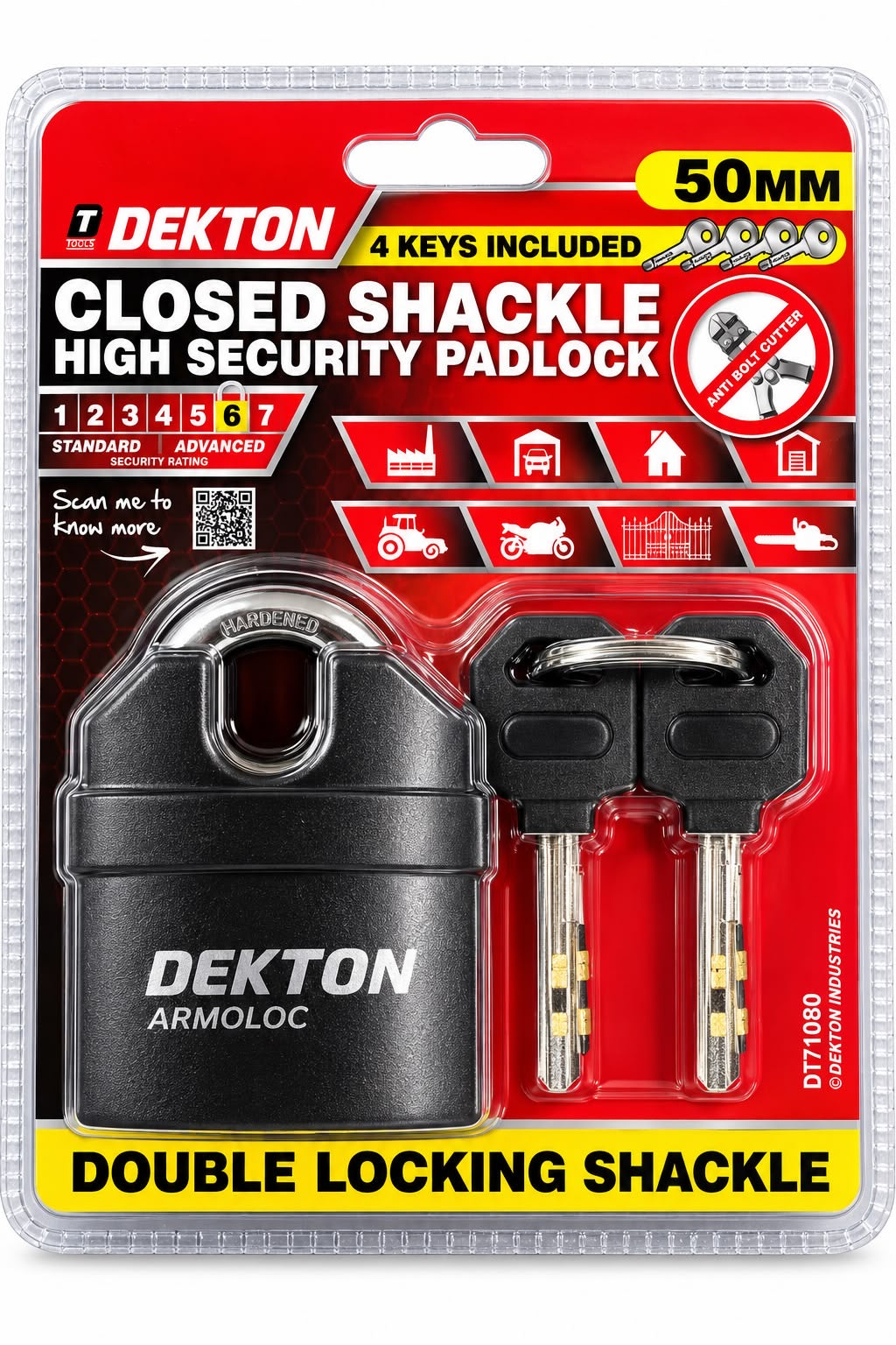 Dekton ArmoLoc 50mm closed-shackle padlock including four keys