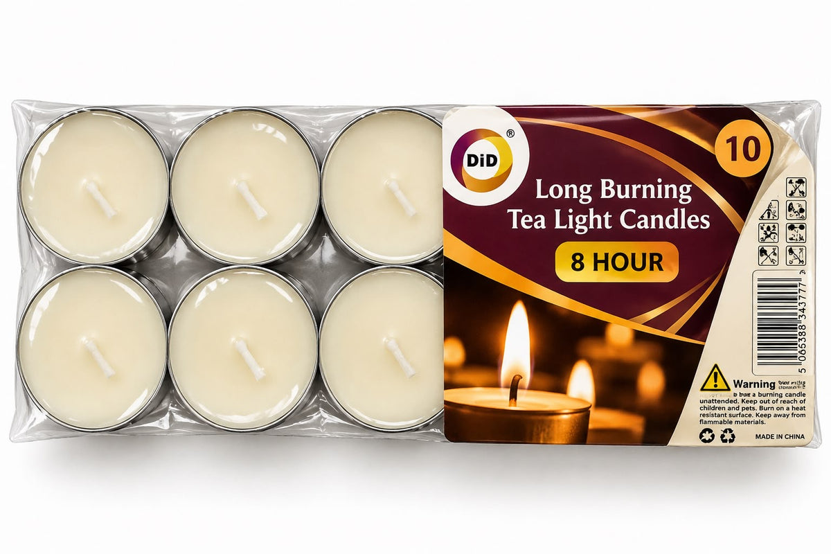 DiD Long Burning 8 Hour Tea Light Candles 10 Pack in cream-coloured wax with metal cups