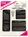 Elegant F4A sewing needles, 60 silver eye needles and five jumbo needles