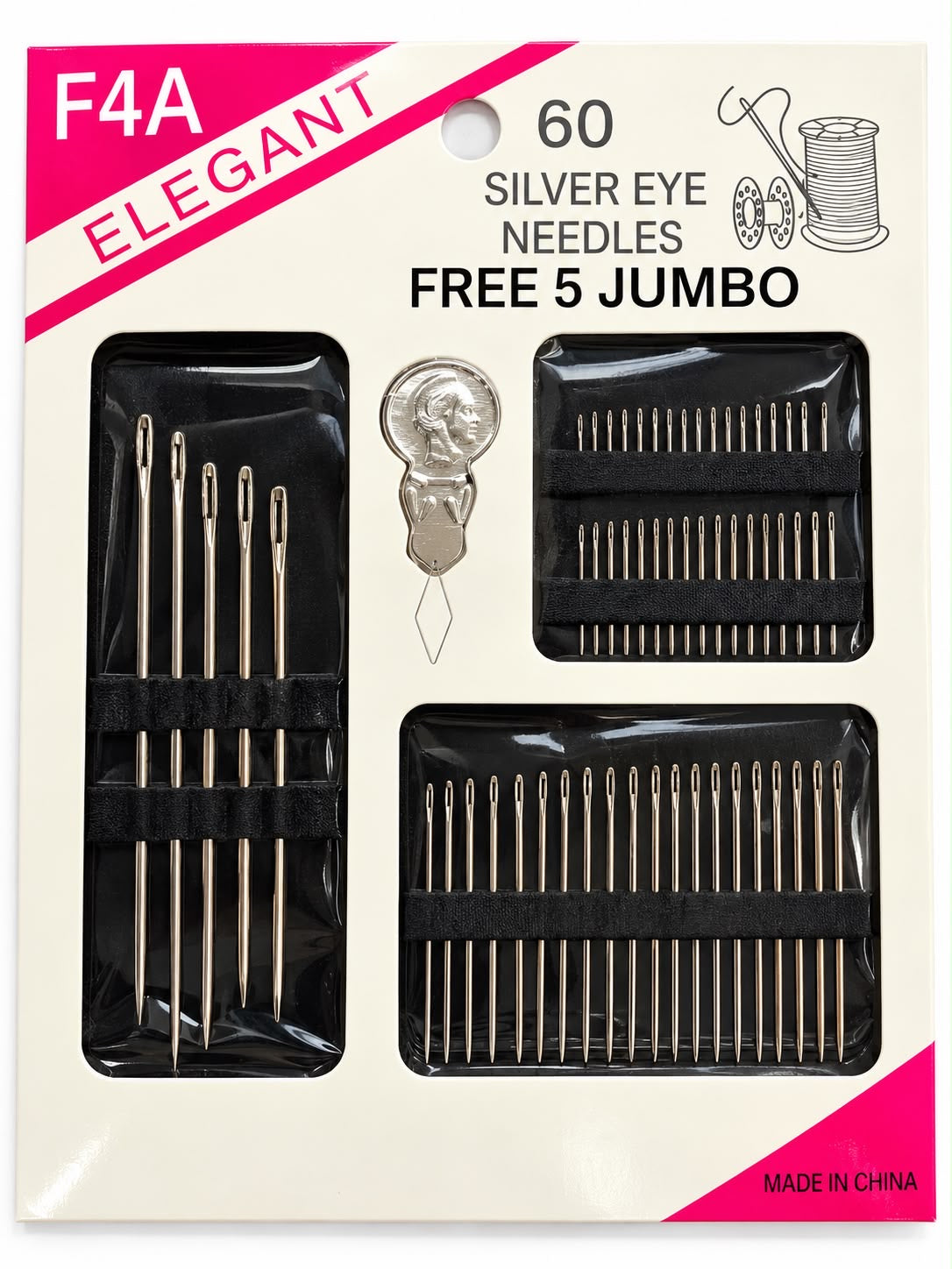 Elegant F4A sewing needles, 60 silver eye needles and five jumbo needles