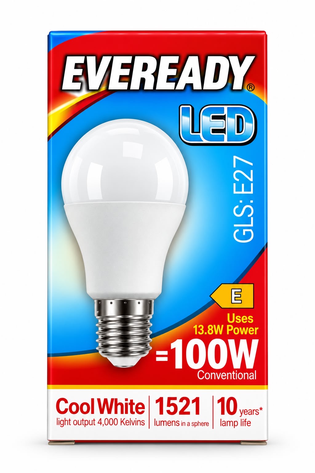 Eveready GLS E27 LED bulb packaging 13.8W Cool White 4000K 1521 lumens