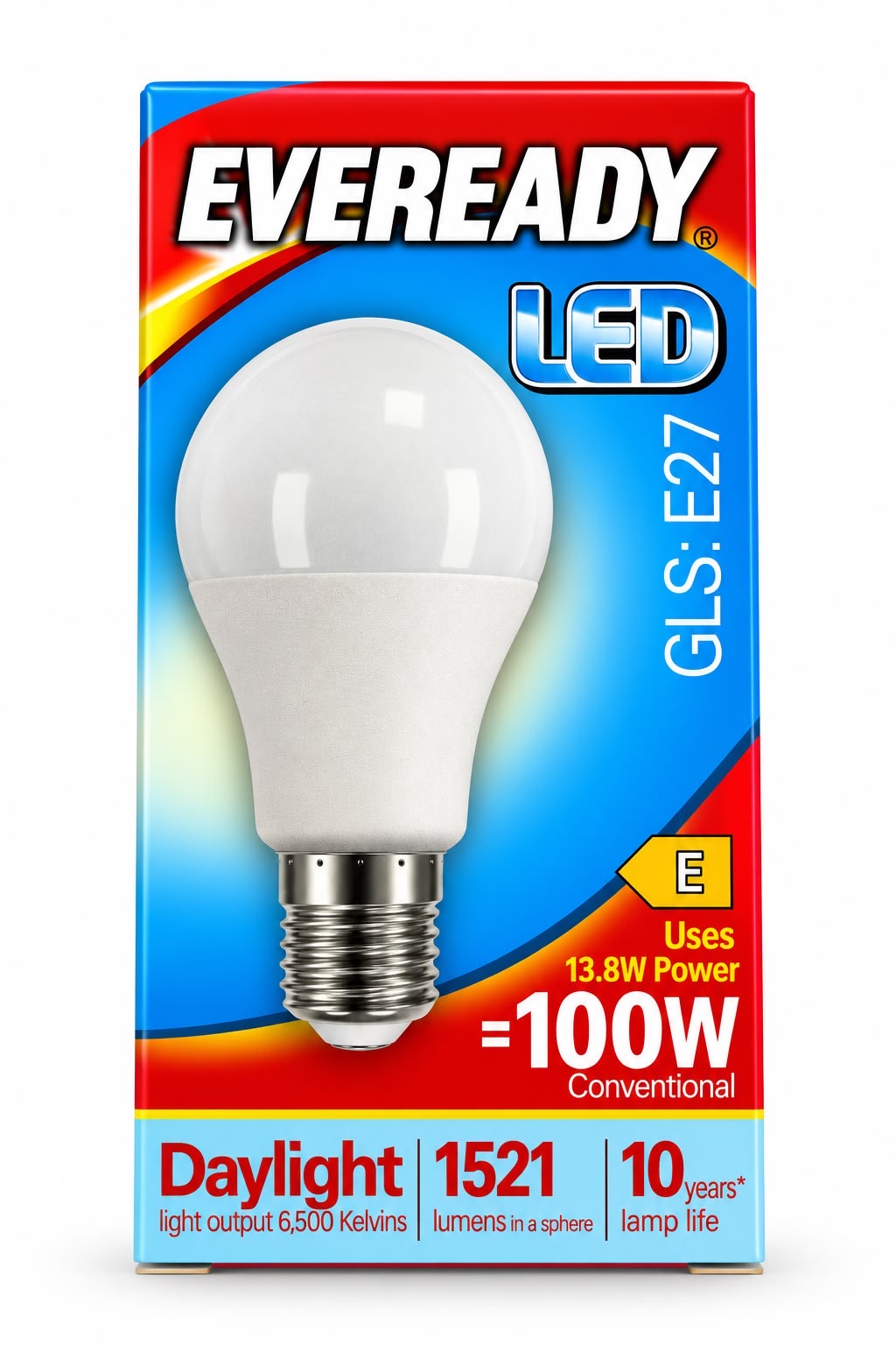 Eveready GLS E27 LED bulb packaging 13.8W Daylight 6500K 1521 lumens