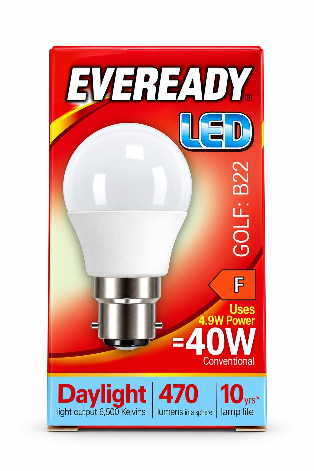 Eveready Golf B22 LED bulb packaging 4.9W Daylight 6500K 470 lumens