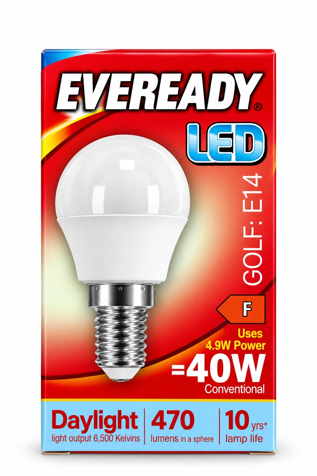 Eveready Golf E14 LED bulb packaging 4.9W Daylight 6500K 470 lumens