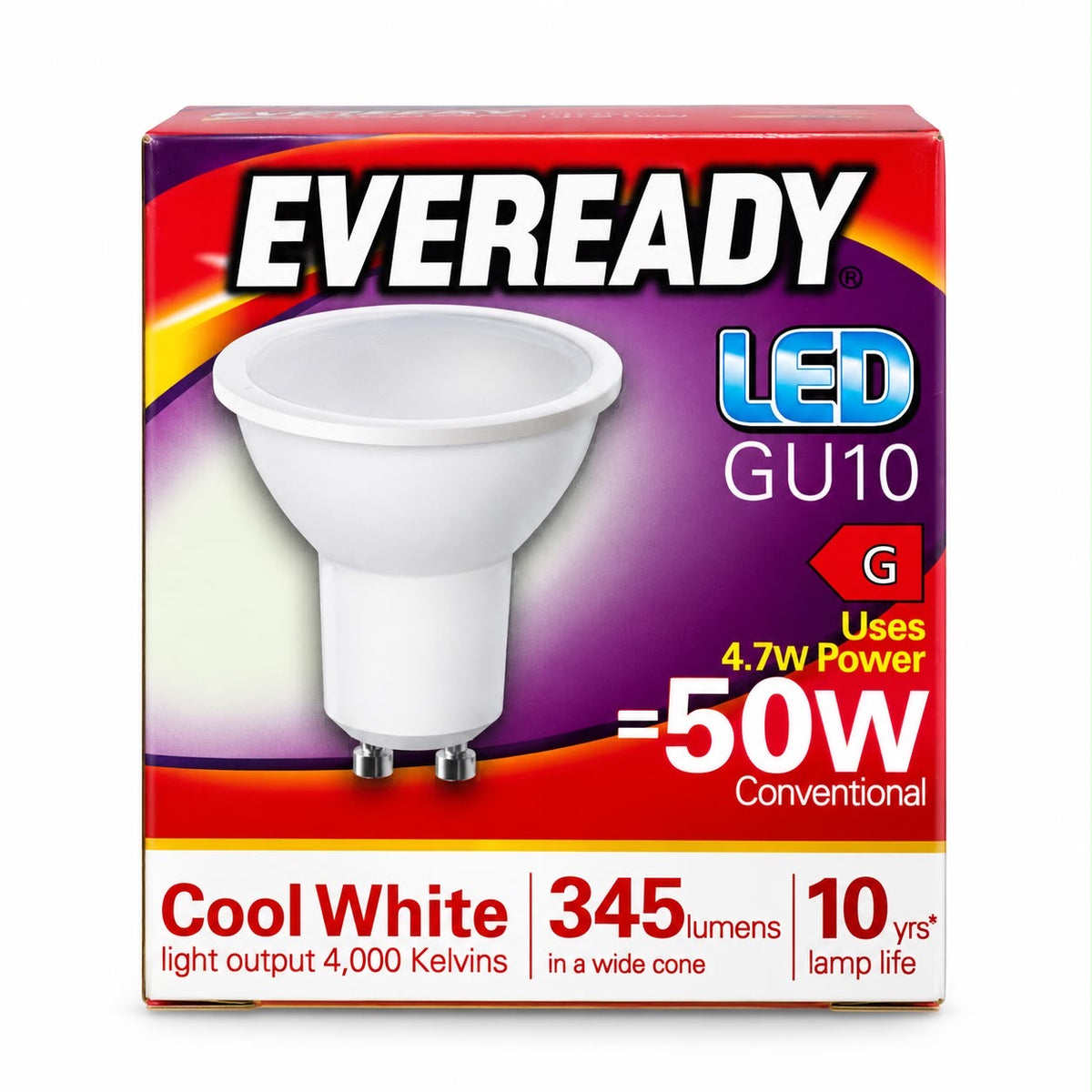 Eveready GU10 GU10 LED bulb packaging 4.7W Cool White 4000K 345 lumens