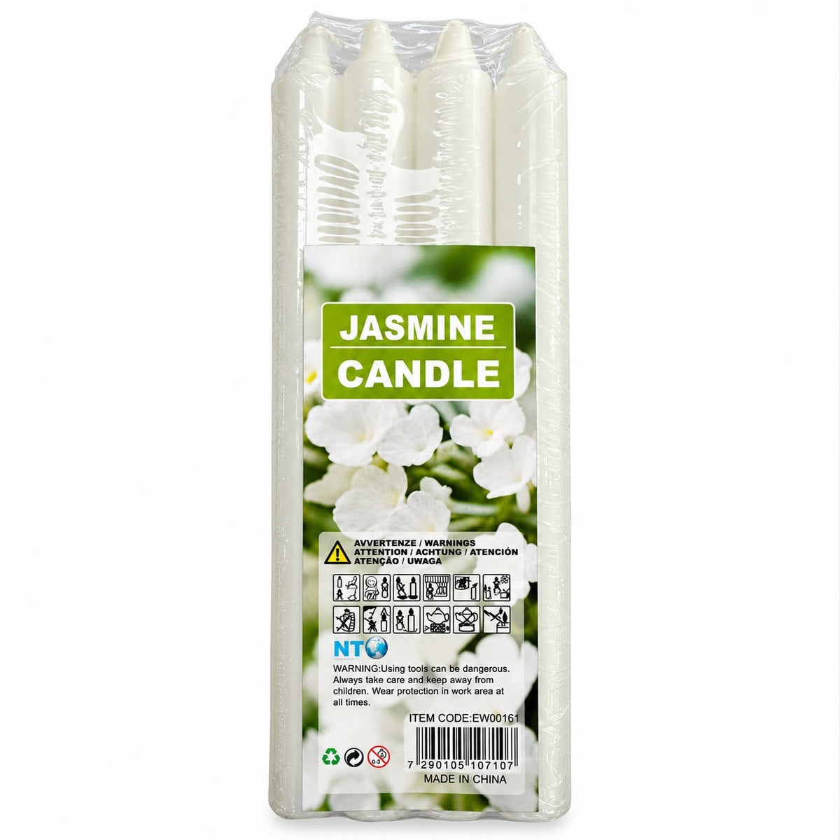 Jasmine label white taper candles in clear wrapped multipack