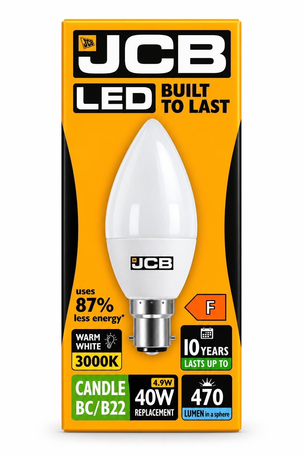 JCB Candle 4.9W LED bulb, B22, Warm White 3000K, 470 lumens