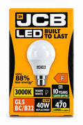 JCB GLS 4.9W LED bulb, B22 bayonet, 3000K warm white, 470 lumens