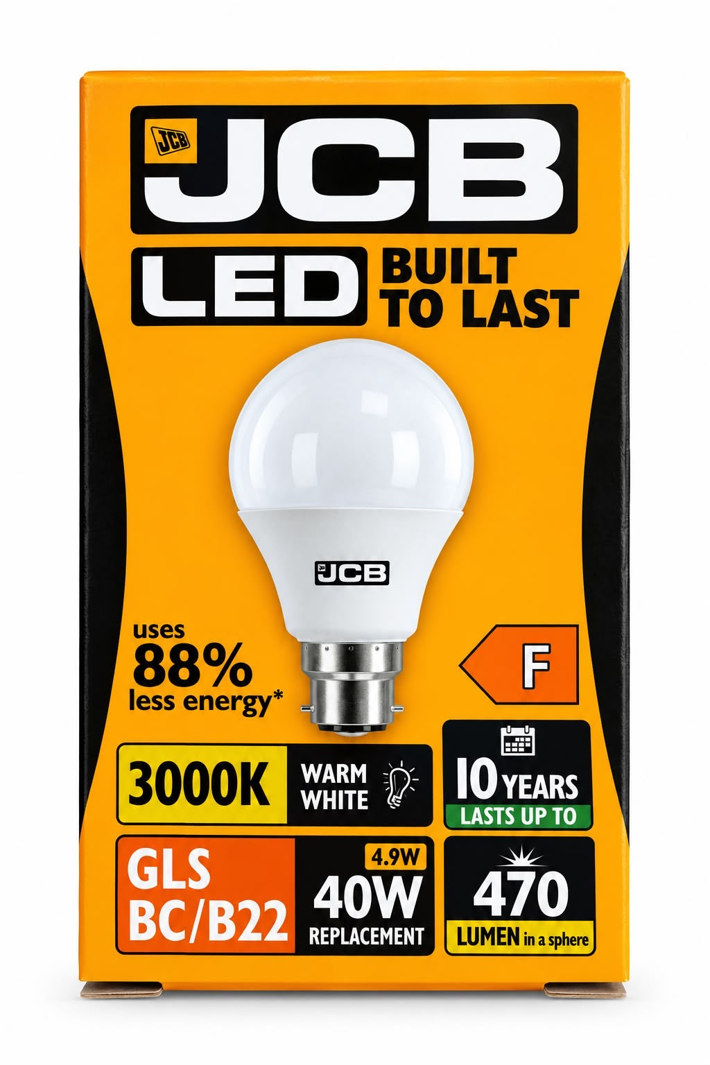 JCB GLS 4.9W LED bulb, B22 bayonet, 3000K warm white, 470 lumens