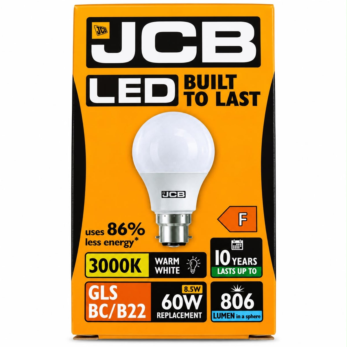 JCB GLS 8.5W LED bulb, B22, Warm White 3000K, 806 lumens