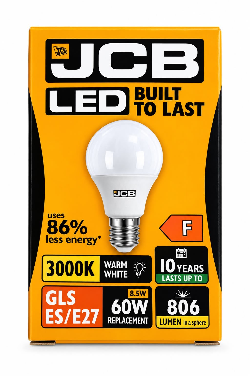 JCB GLS 8.5W LED bulb, E27, Warm White 3000K, 806 lumens
