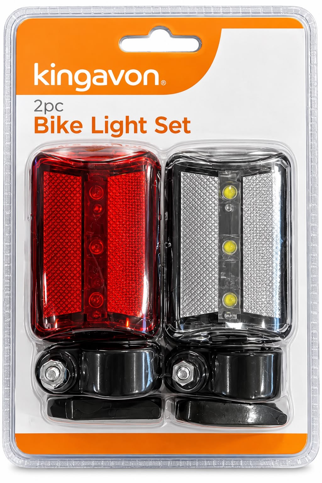 Kingavon 2pc bicycle light set red rear white front with mounting brackets