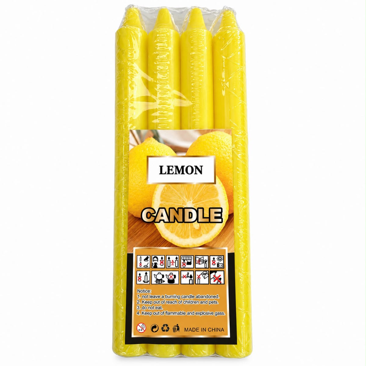 Lemon label yellow taper candles in clear wrapped multipack