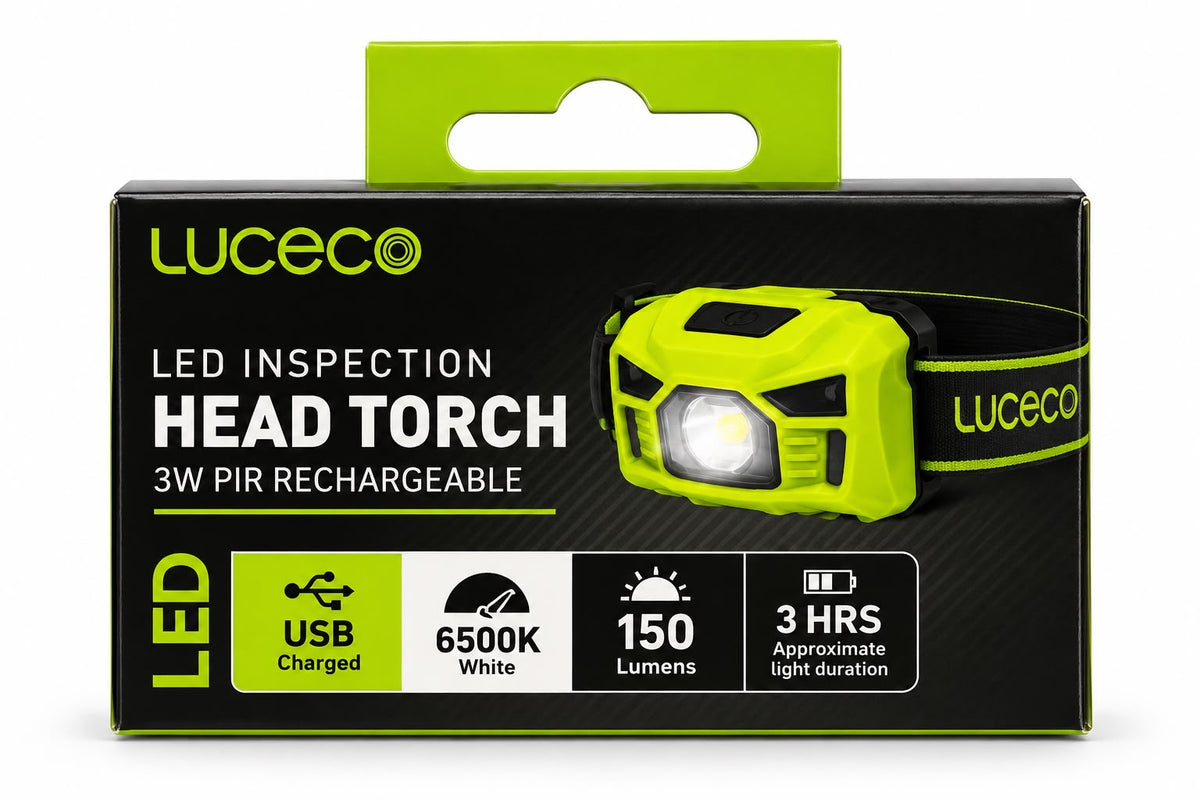 Luceco USB rechargeable PIR 3W LED head torch 150 lumens 6500K