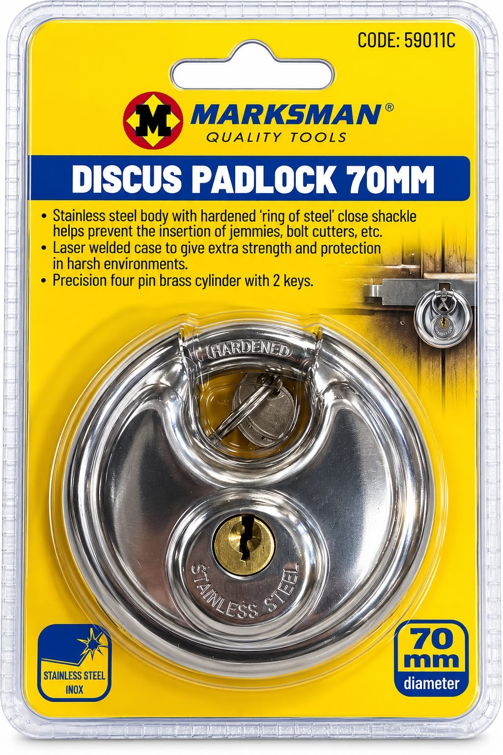 Marksman 59011C silver 70mm stainless steel discus padlock with two keys