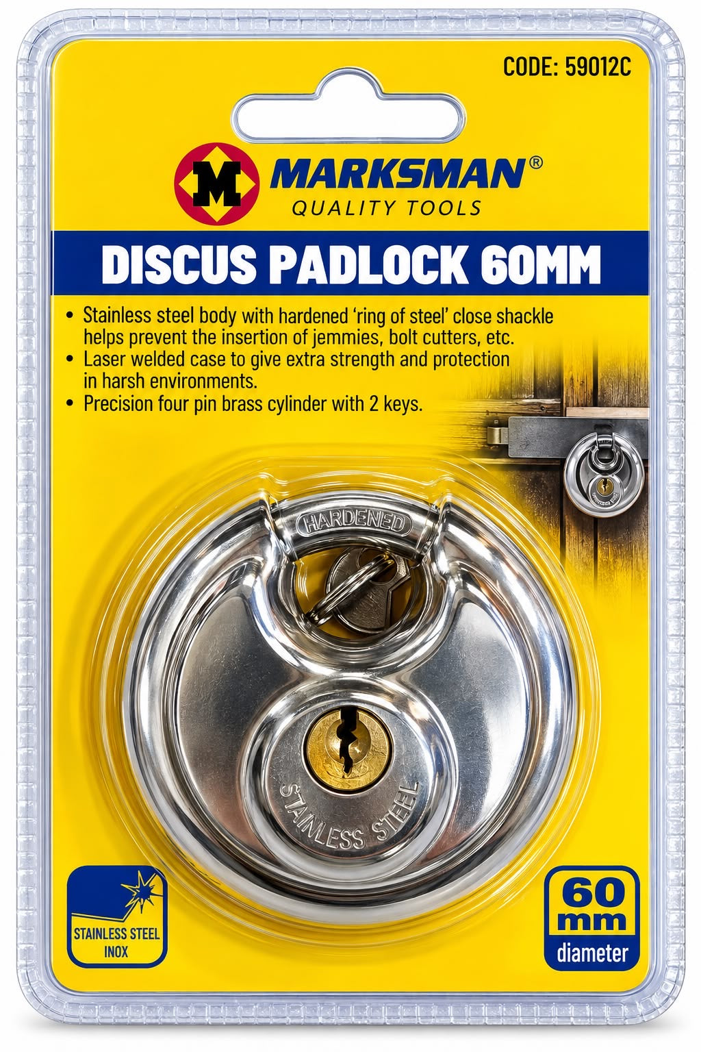 Marksman 59012C stainless steel 60mm discus padlock supplied with two keys