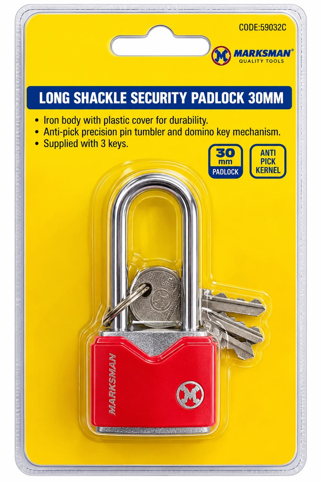 Marksman 59032C red long shackle 30mm padlock with three keys