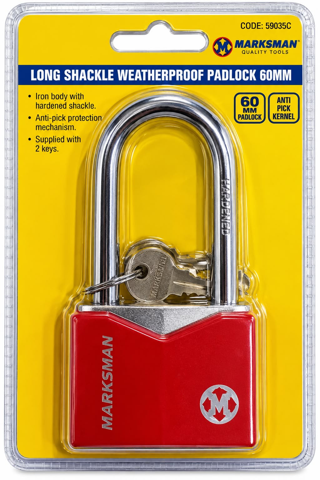 Marksman 59035C red 60mm long shackle weatherproof padlock with two keys