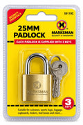Marksman 59119C 25mm brass finish padlock supplied with three keys
