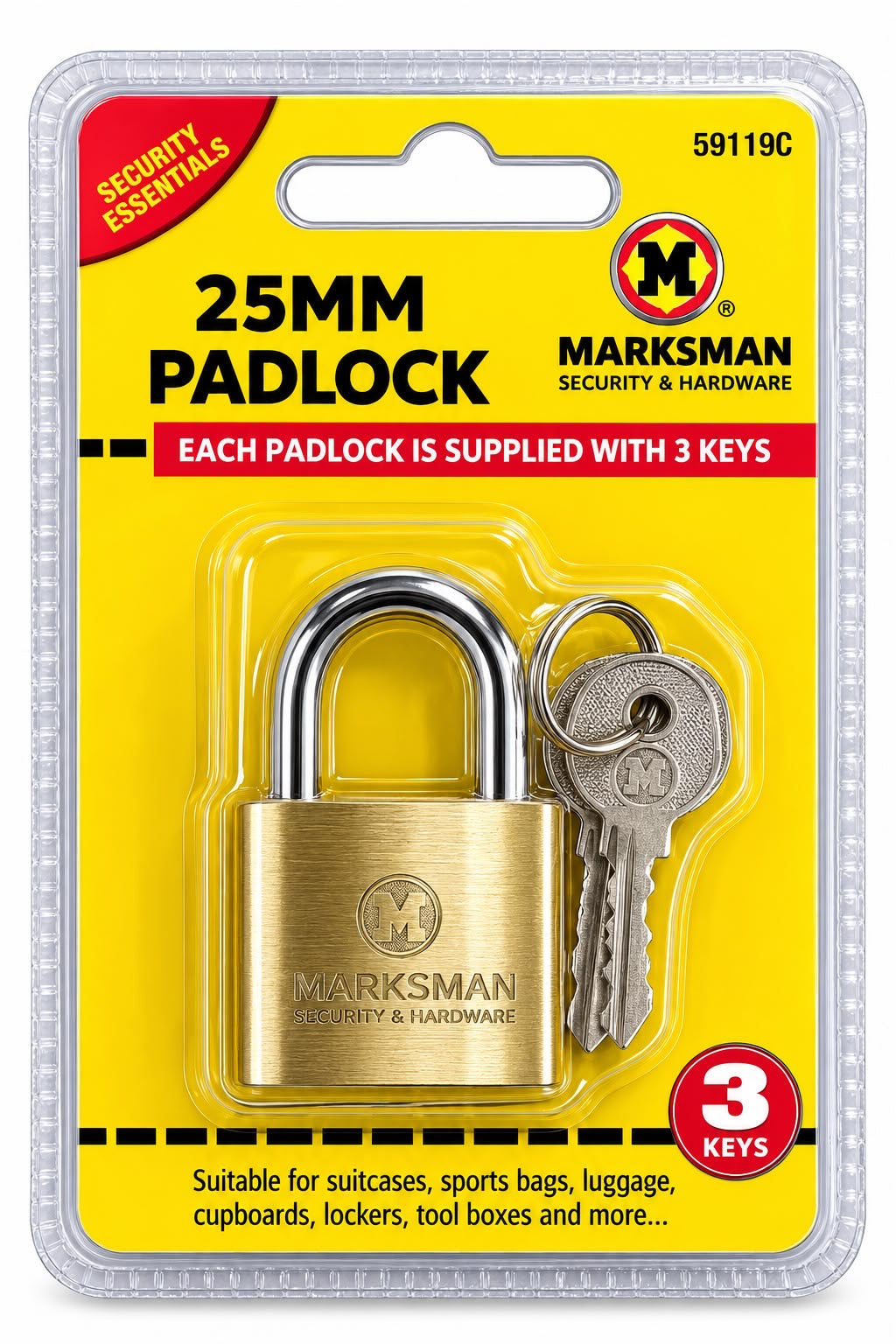 Marksman 59119C 25mm brass finish padlock supplied with three keys
