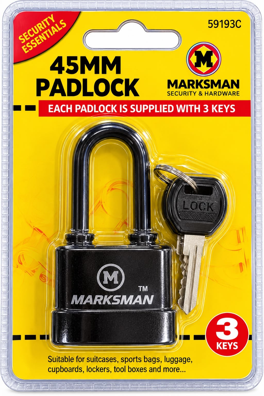 Marksman 59193C black 45mm keyed padlock with three keys