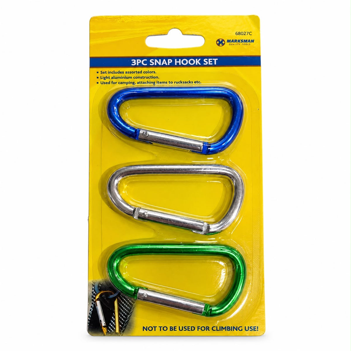 Marksman 68027C pack of 3 aluminium snap hooks in blue silver and green