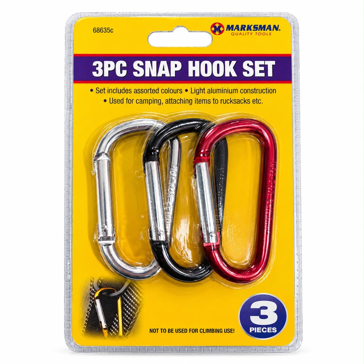 Marksman 68635C pack of 3 lightweight aluminium snap hooks in silver black and red