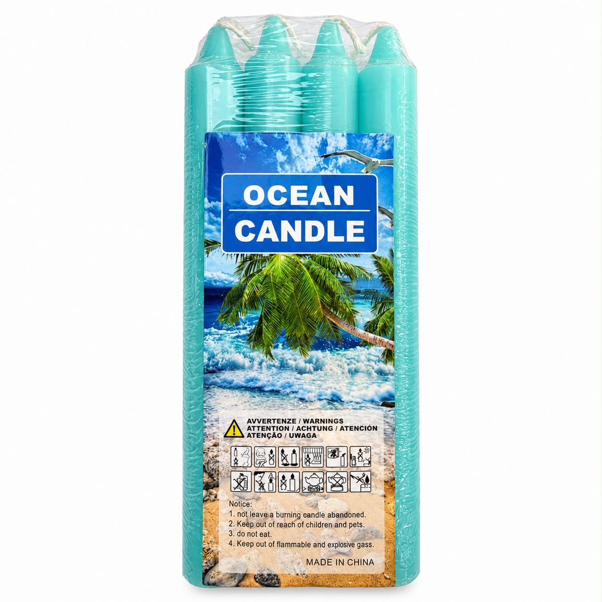 Ocean label turquoise blue taper candles in clear wrapped multipack