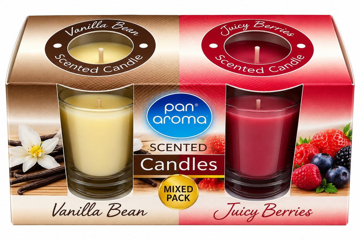 Pan Aroma mixed pack of two glass jar scented candles in Vanilla Bean cream and Juicy Berries red scents