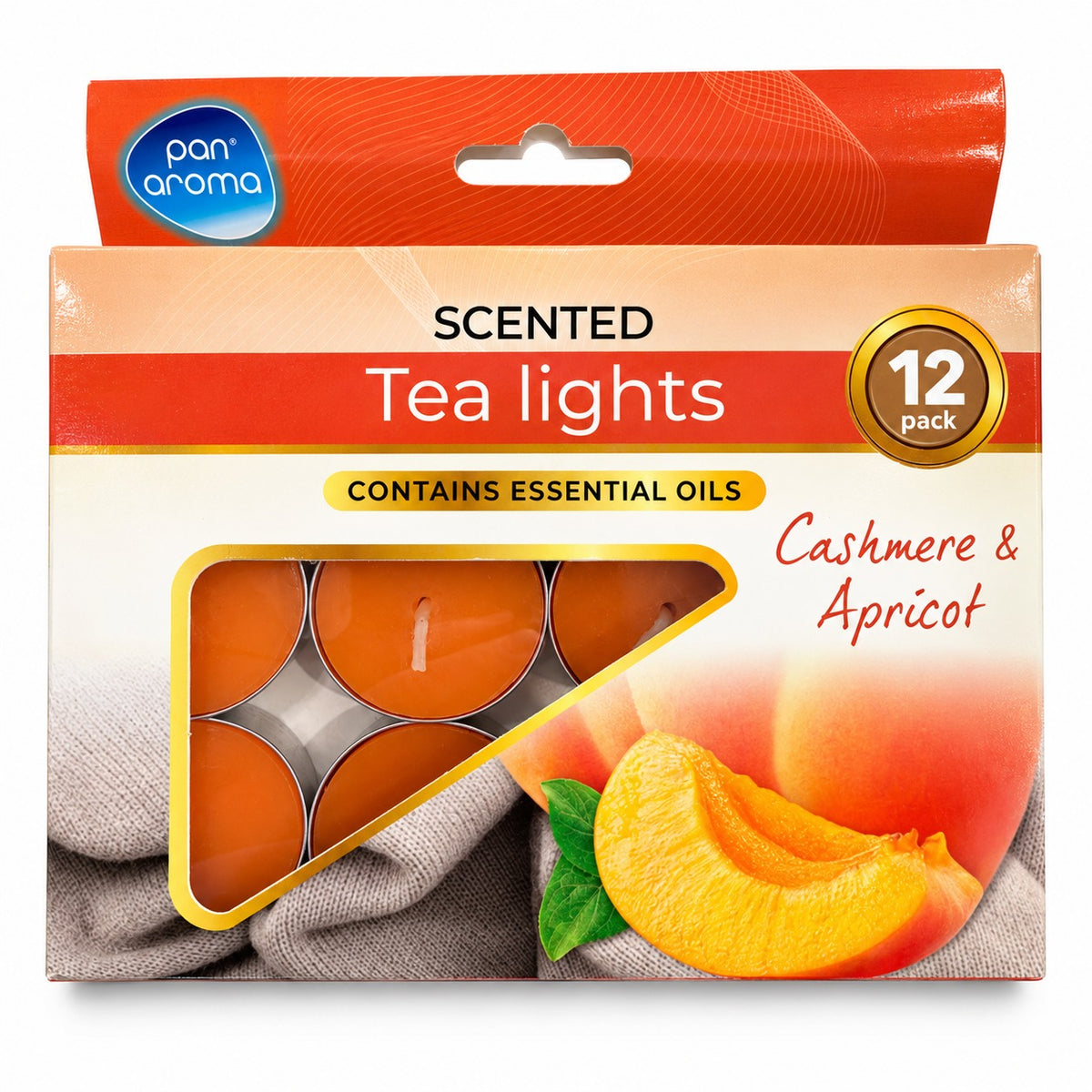 Pan Aroma Cashmere & Apricot scented tea lights 12 pack orange box