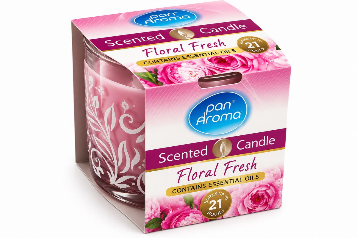 Pan Aroma Floral Fresh scented candle in pink decorative jar, boxed with up to 21 hours burn time