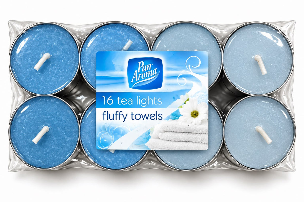 Pan Aroma Fluffy Towels scented tea lights 16 pack with blue wax in metal cups