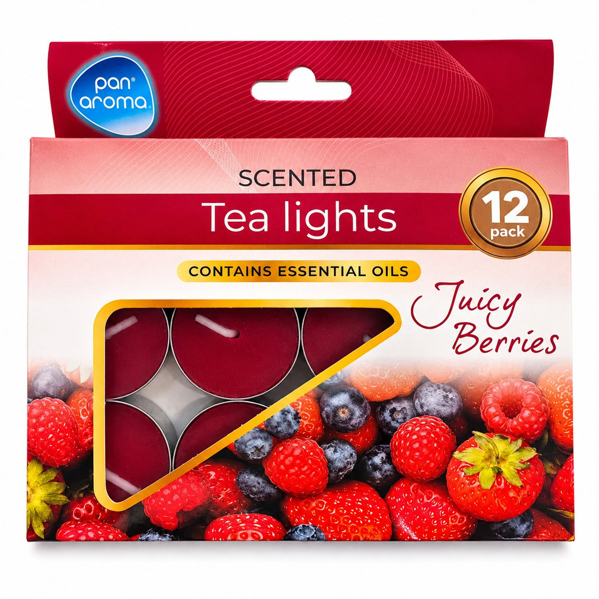 Pan Aroma Juicy Berries scented tea lights 12 pack in red berry-themed packaging