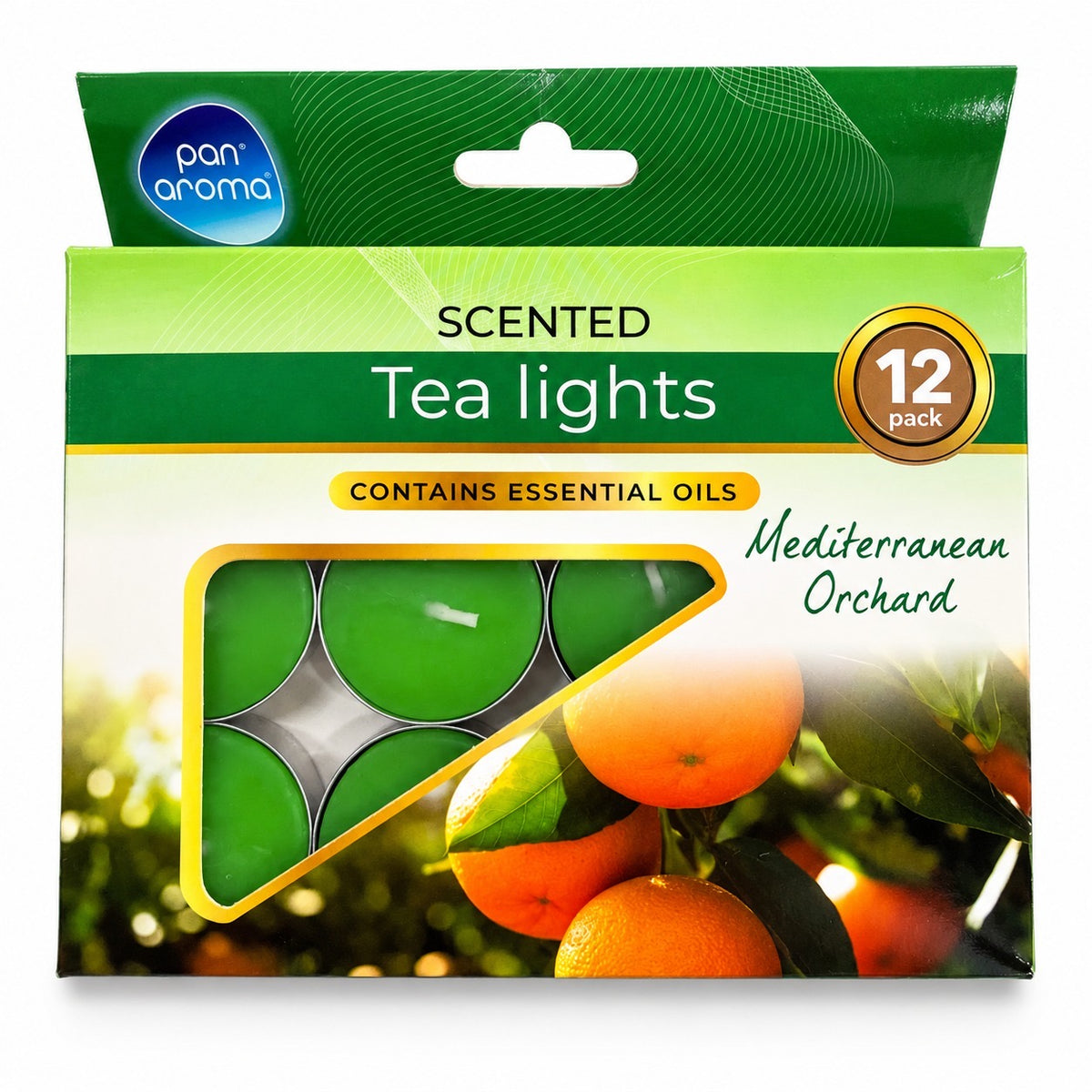 Pan Aroma Mediterranean Orchard scented tea lights 12 pack green box