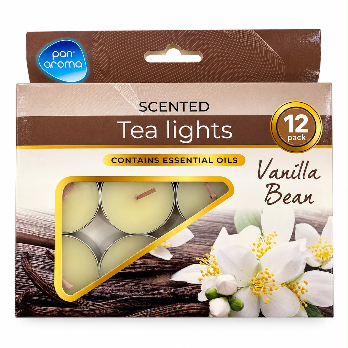 Pan Aroma Vanilla Bean scented tea lights 12 pack with cream-coloured candles in brown packaging