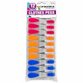 Prima 12-piece clothes peg pack, clear plastic pegs with pink orange blue coloured grip panels 23012C