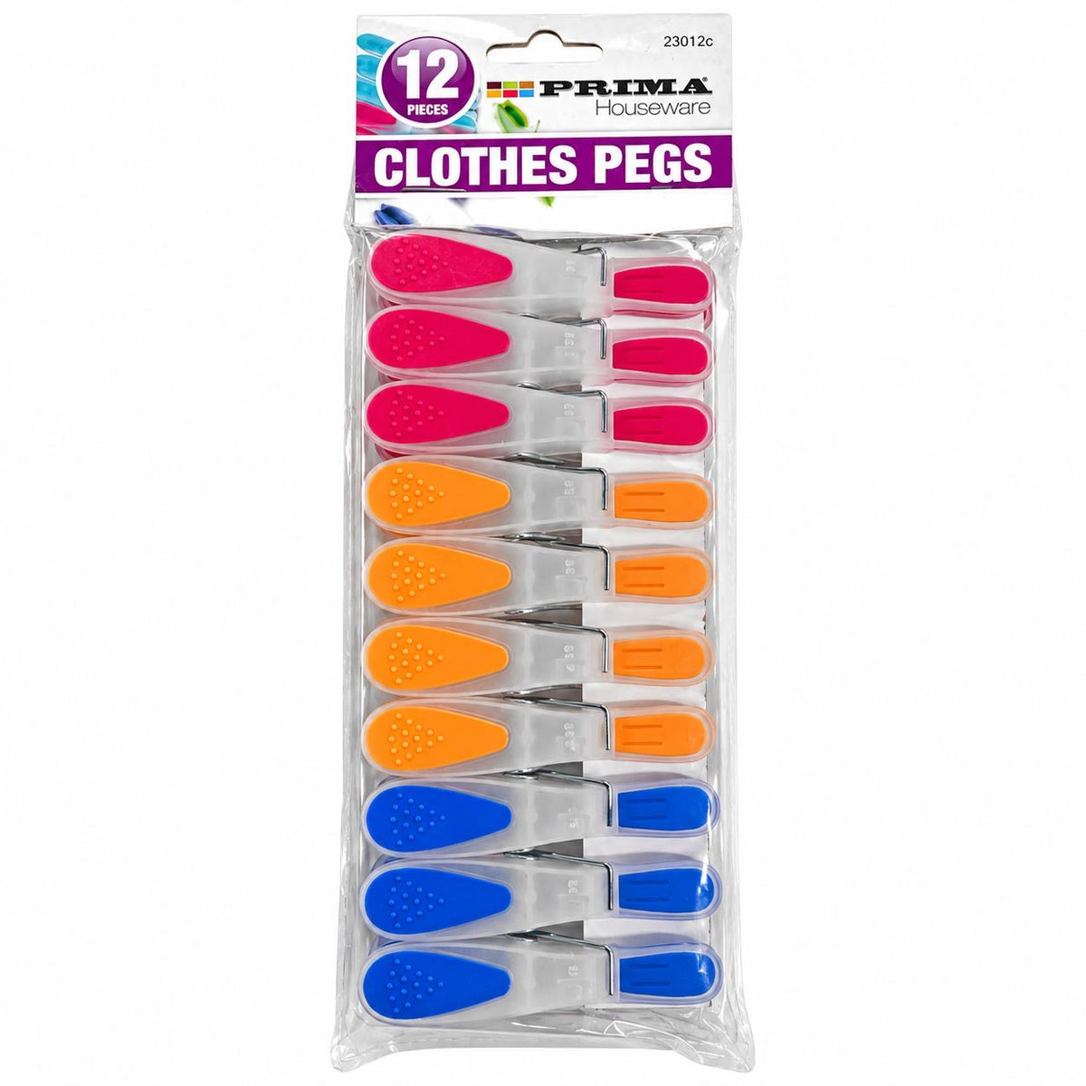 Prima 12-piece clothes peg pack, clear plastic pegs with pink orange blue coloured grip panels 23012C