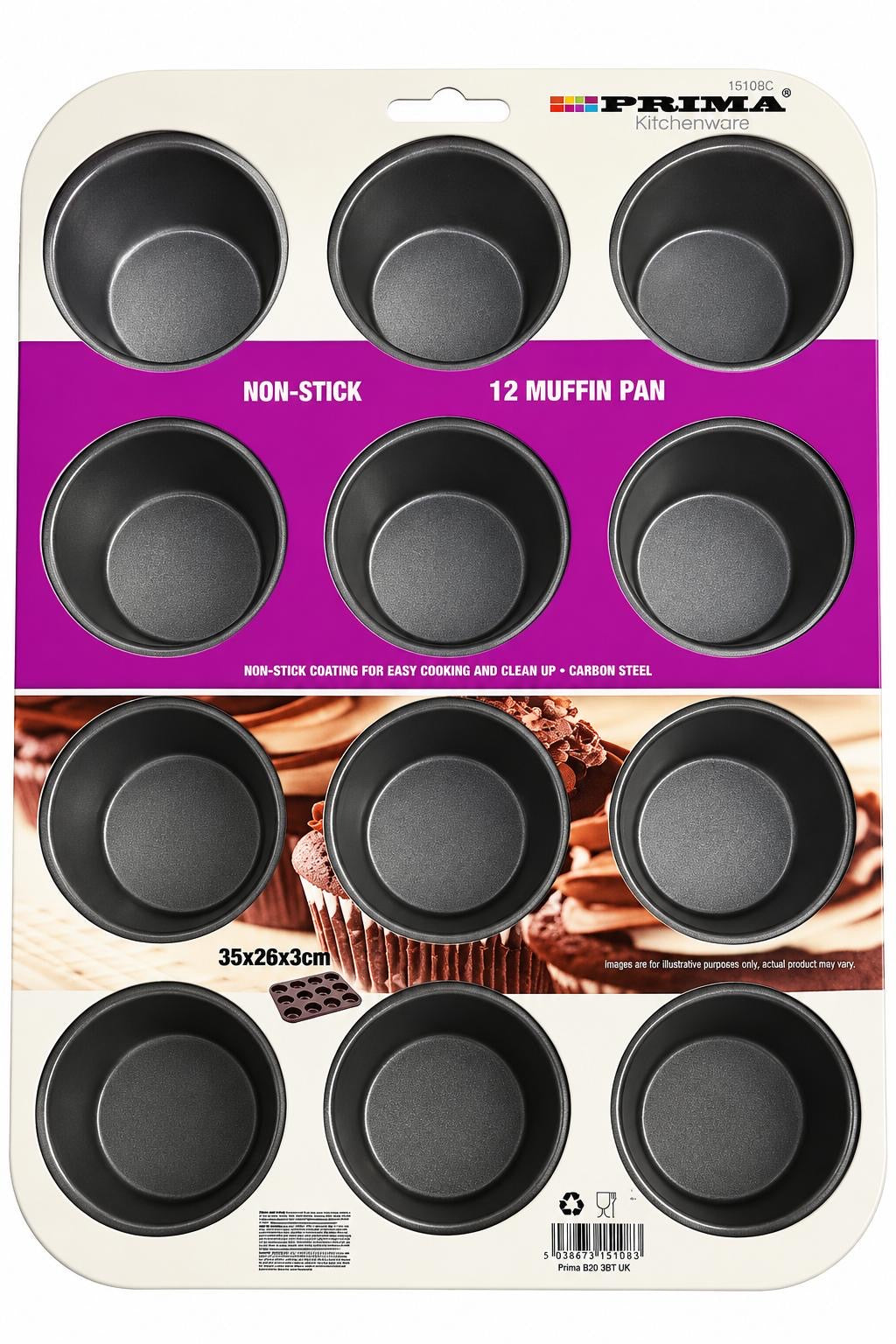 Prima 12-hole non-stick carbon steel muffin and cupcake oven baking tray approximately 35x26x3cm model 15108C