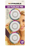 Prima 120 straight sewing pins with assorted pearlised multicoloured round heads on three circular white pin wheels product 41163C