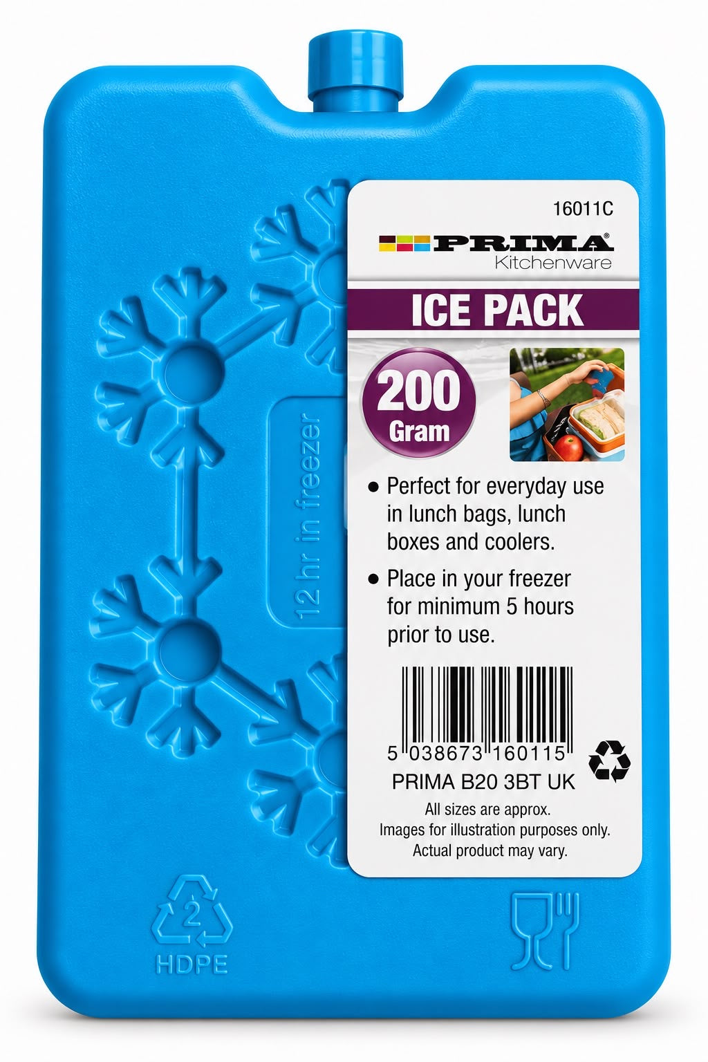 Prima 200g reusable ice pack in blue with snowflake design and product label, model 16011C