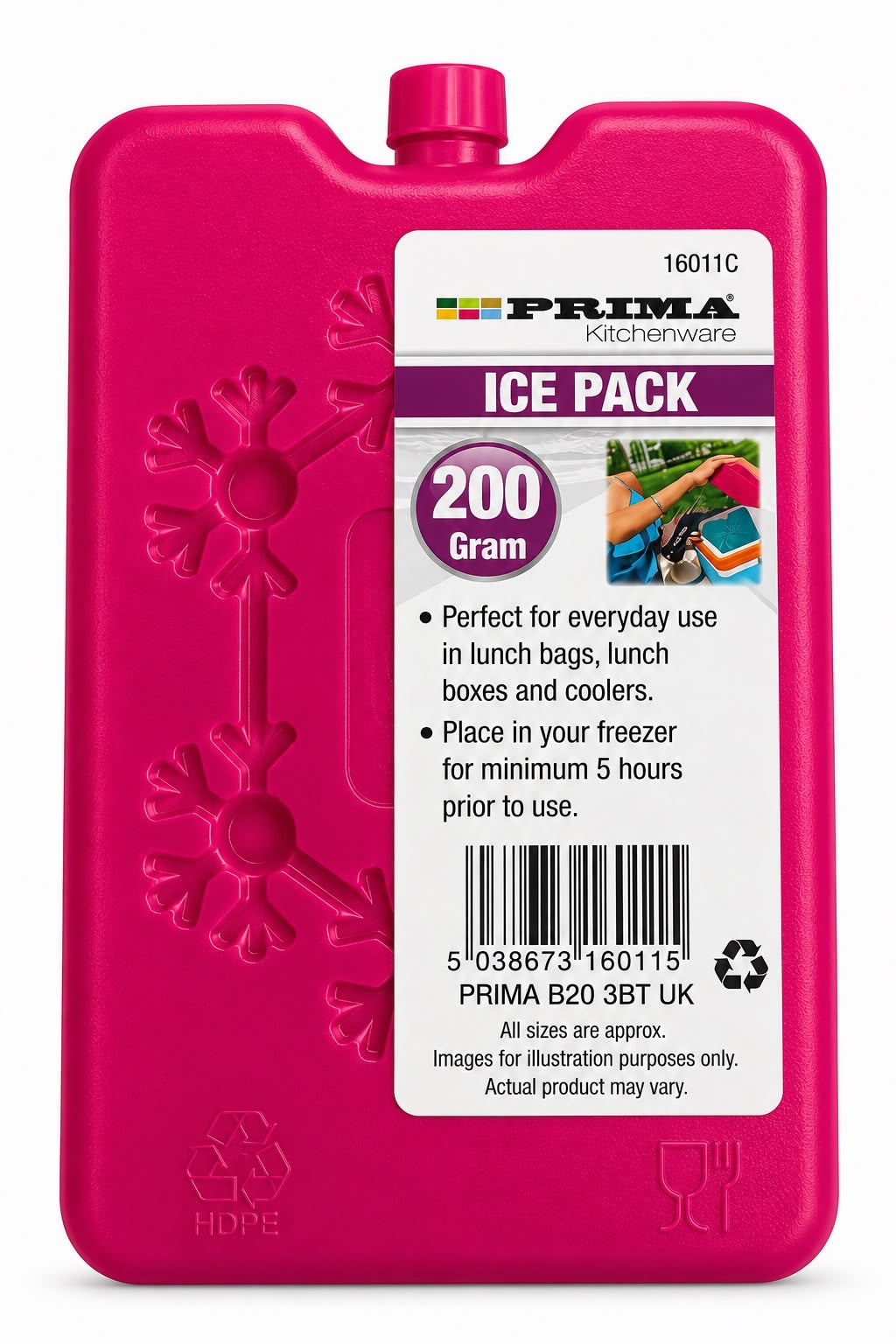 Prima 200g reusable ice pack in pink with snowflake design and product label, model 16011C